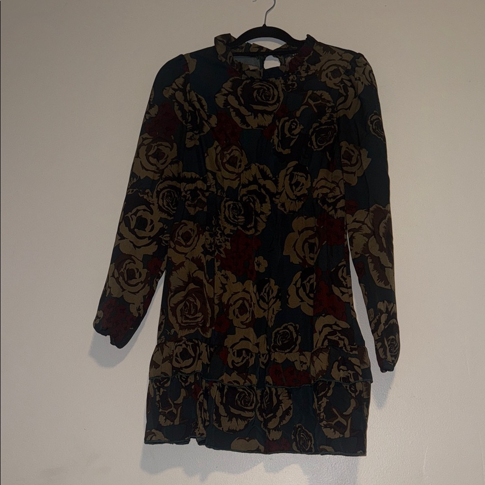 SHEIN Black and Brown Rose Pattern Long Sleeve Dress